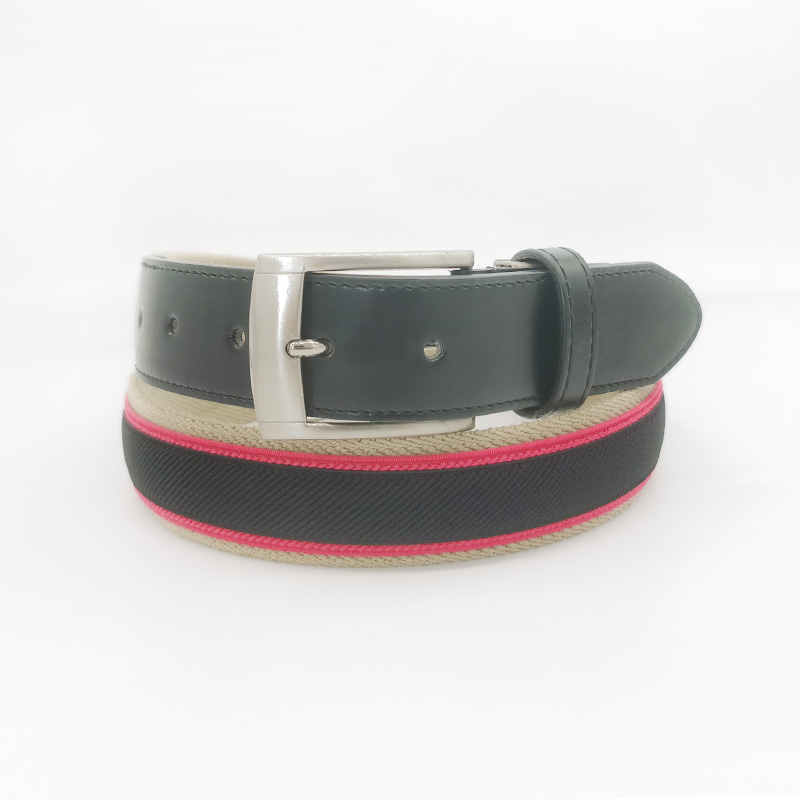 men's webbing belt with full grain leather tag