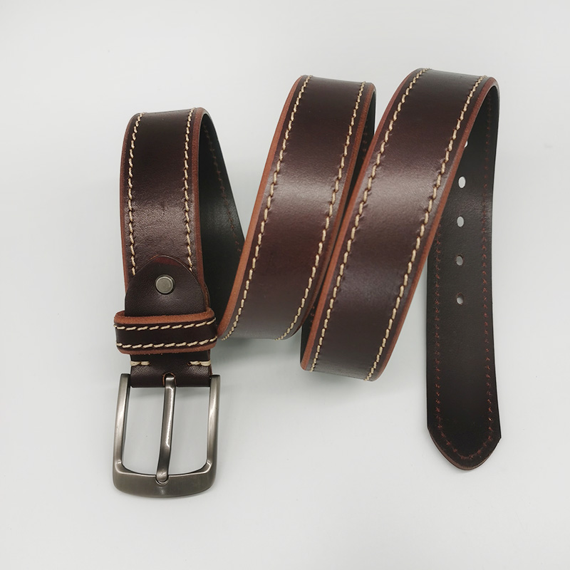 wide full grain leather belt with stitch