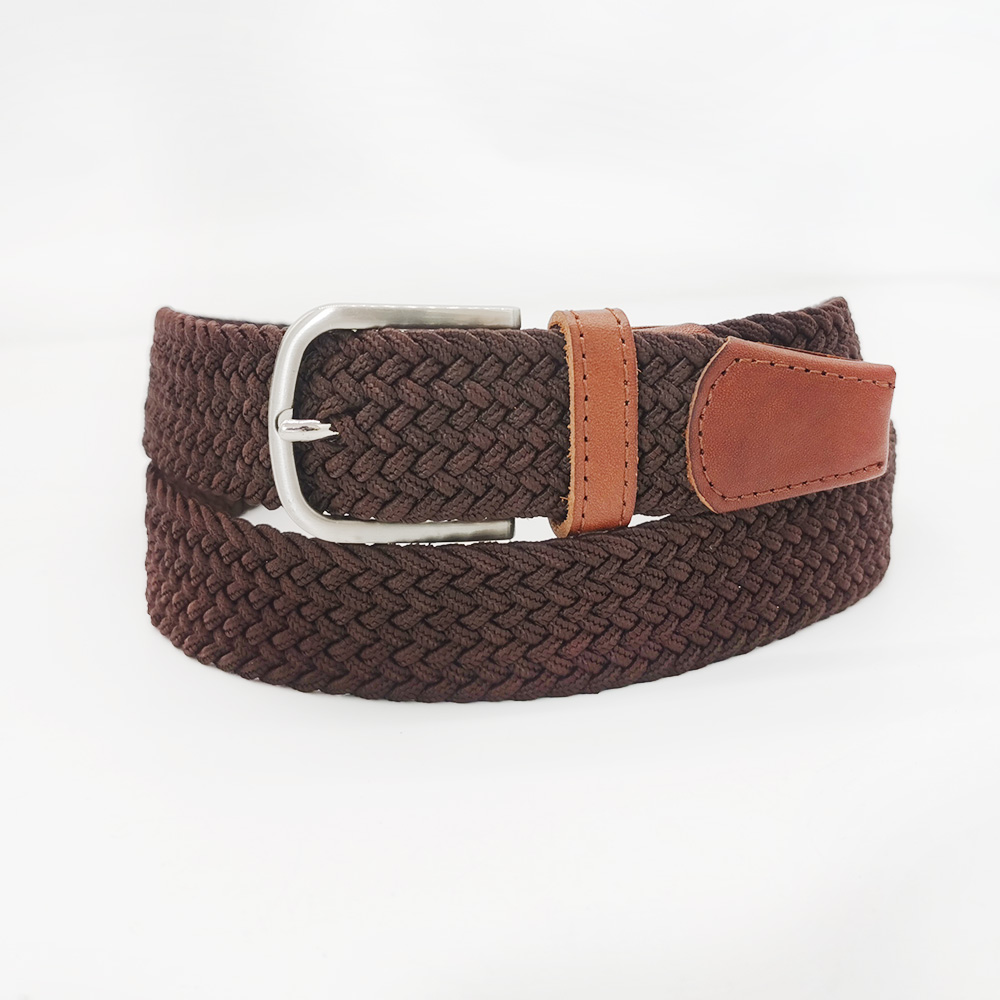 full grain leather tag polyester knitted elastic belts