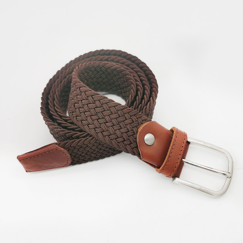 full grain leather tag polyester knitted elastic belts