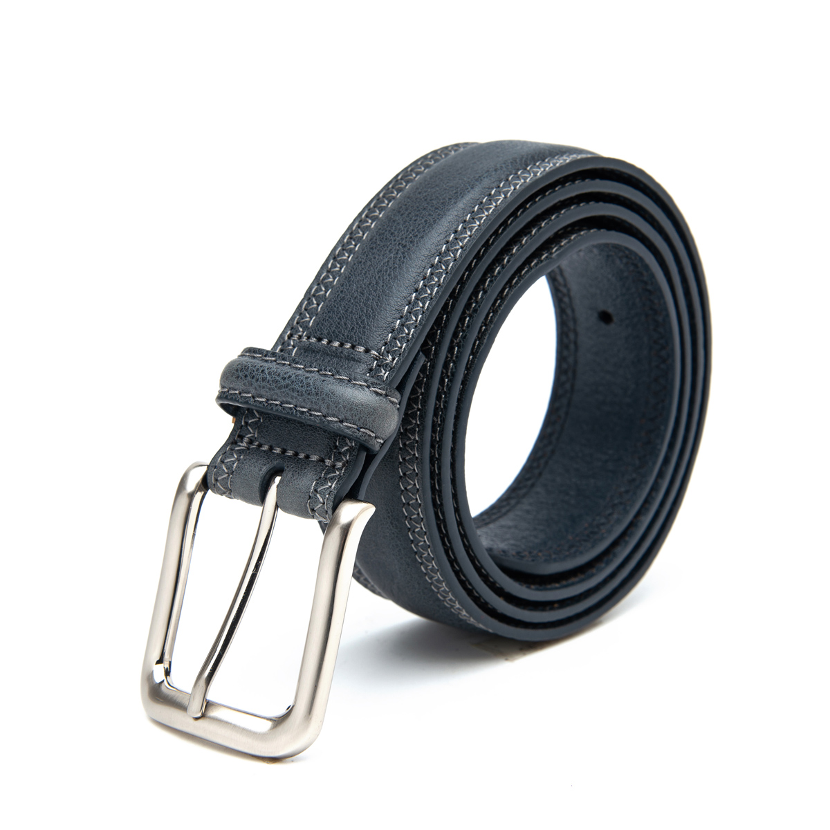 pin buckle stitched genuine leather belt for men